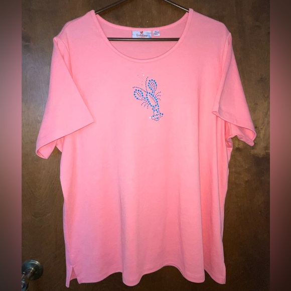 Quacker Factory Pink T Shirt Blue Sequin Lobster XL - Picture 2 of 7